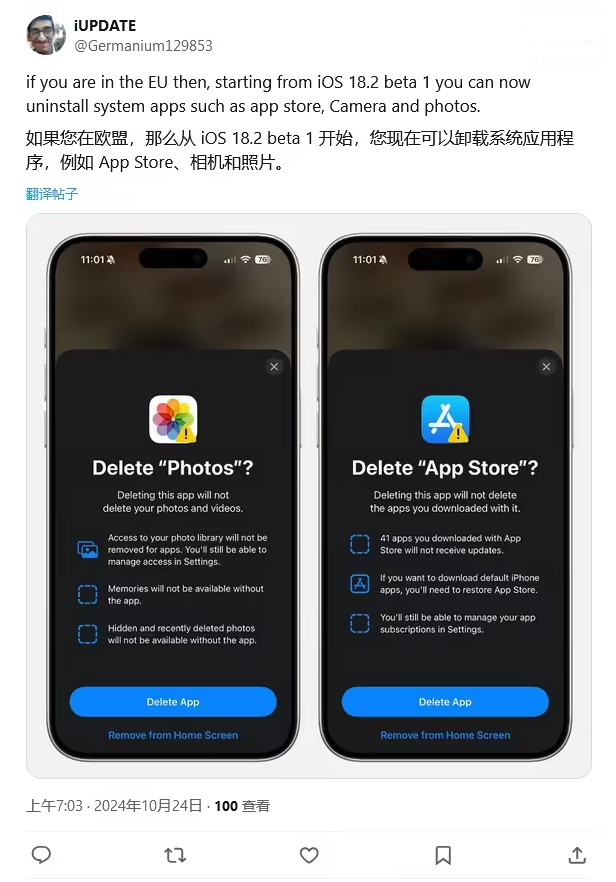 石鼓苹果手机维修分享iOS 18.2 支持删除 App Store 应用商店 