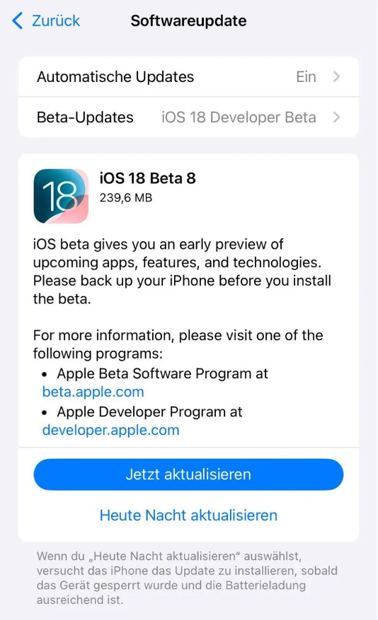 石鼓苹果手机维修分享苹果 iOS / iPadOS 18 开发者预览版 Beta 8 发布 